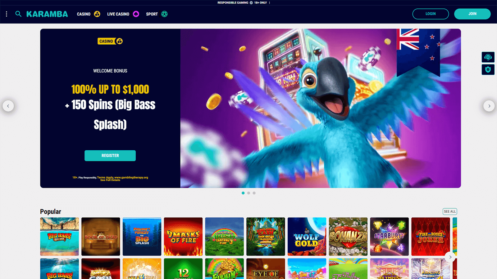 Karamba Casino Homepage