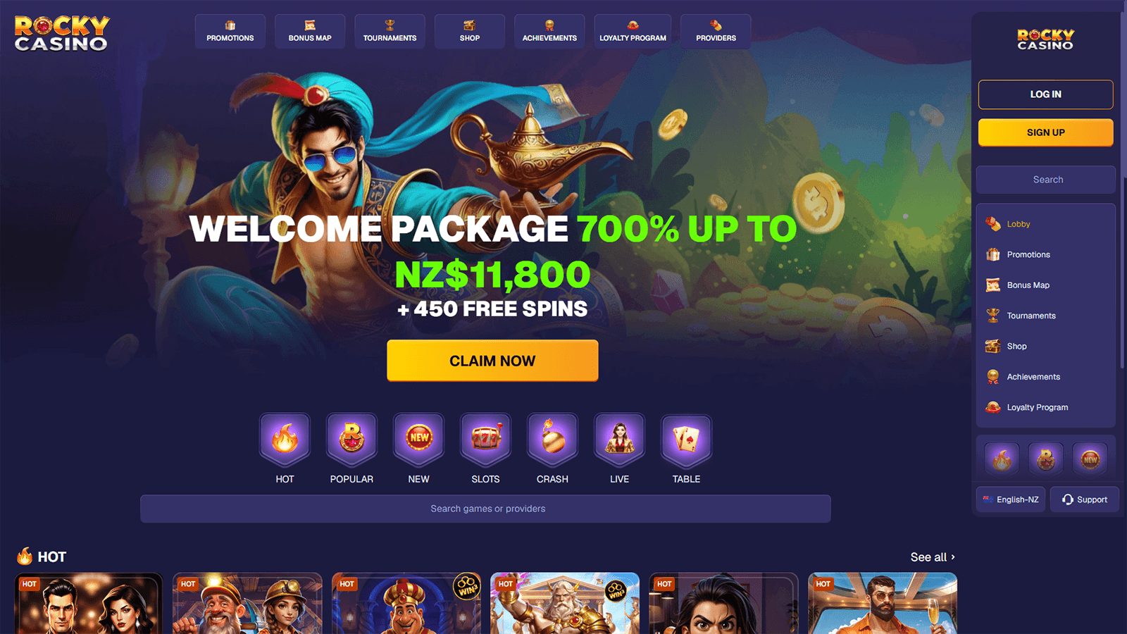 Rocky Casino Homepage in New Zealand