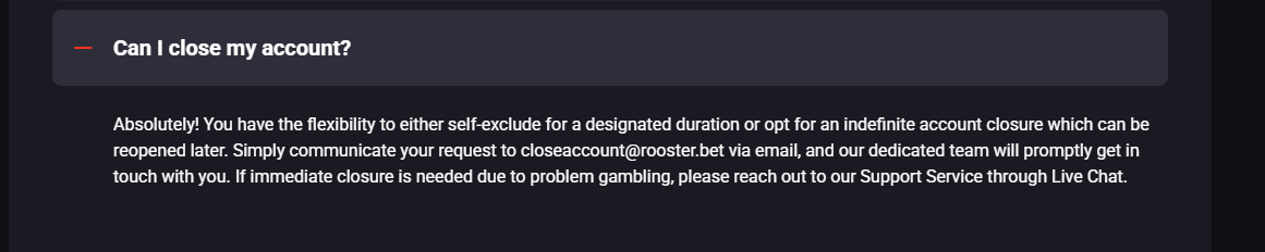 RoosterBet How to delete account