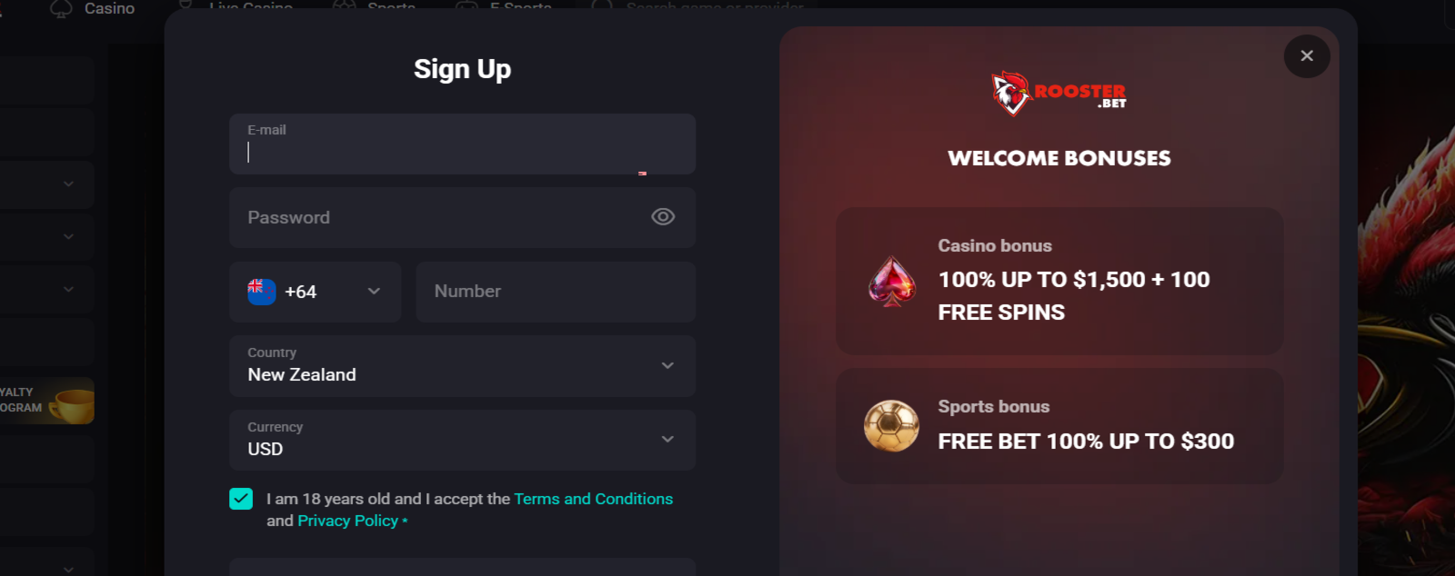 RoosterBet Registration Form