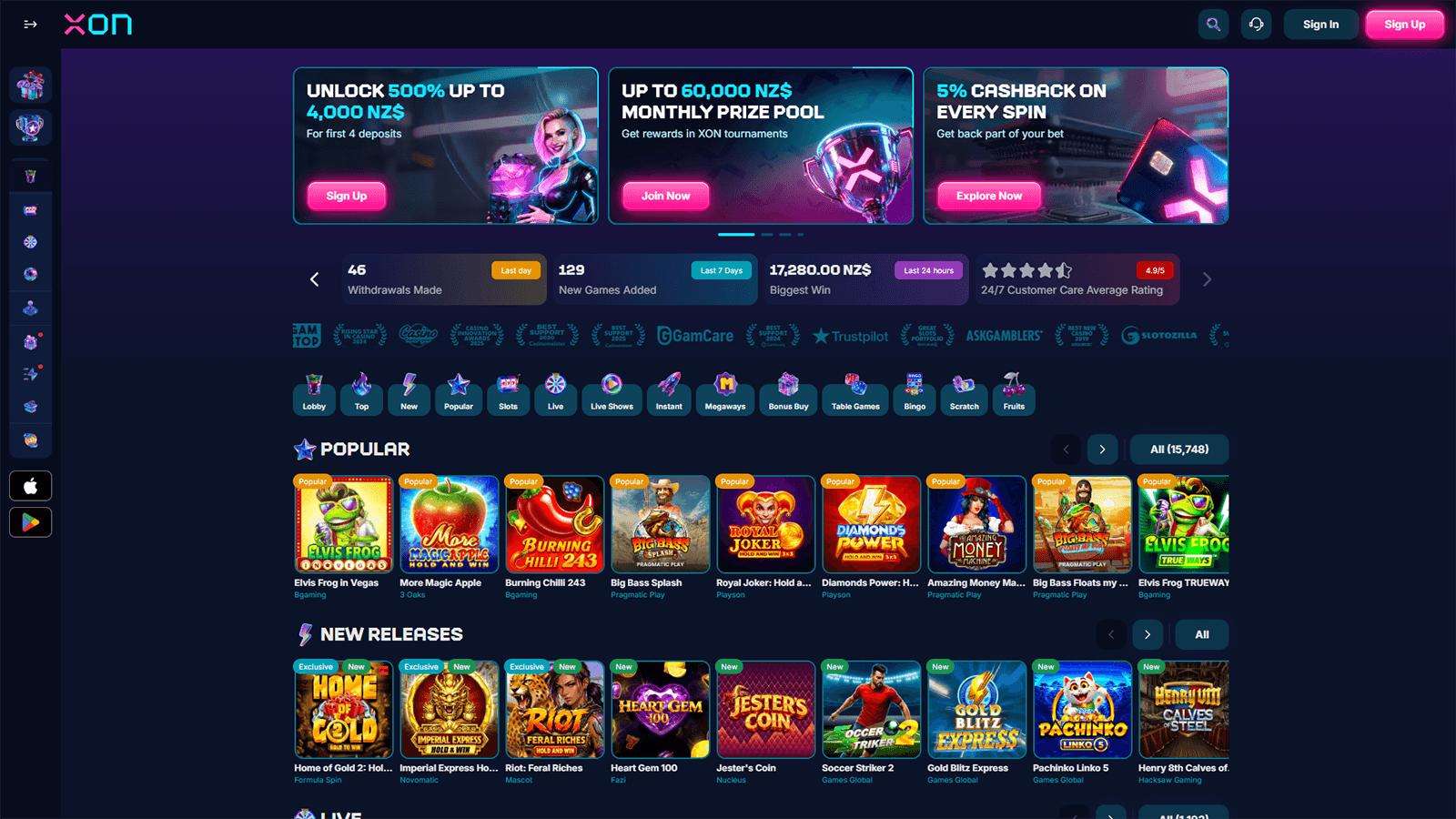 XON Casino Homepage in New Zealand