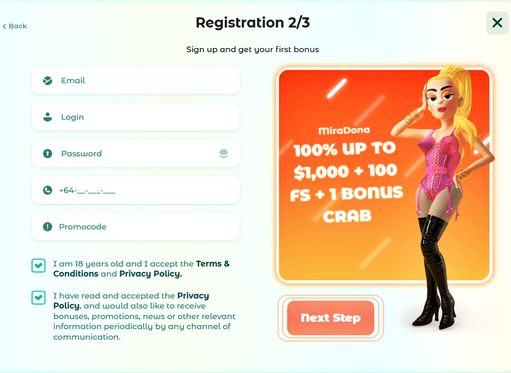 neon casino registration step