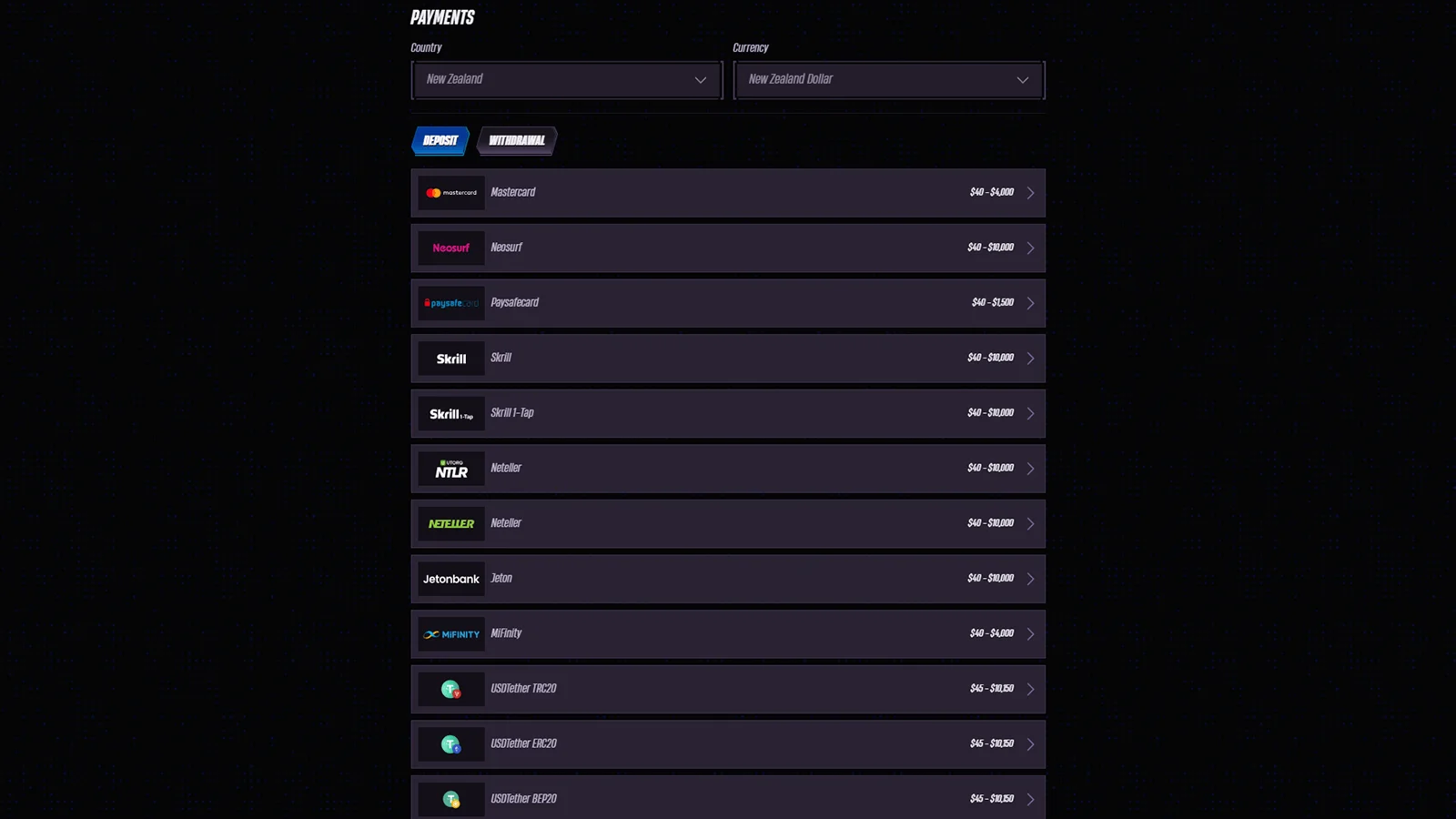 WinRolla Casino Deposit Methods
